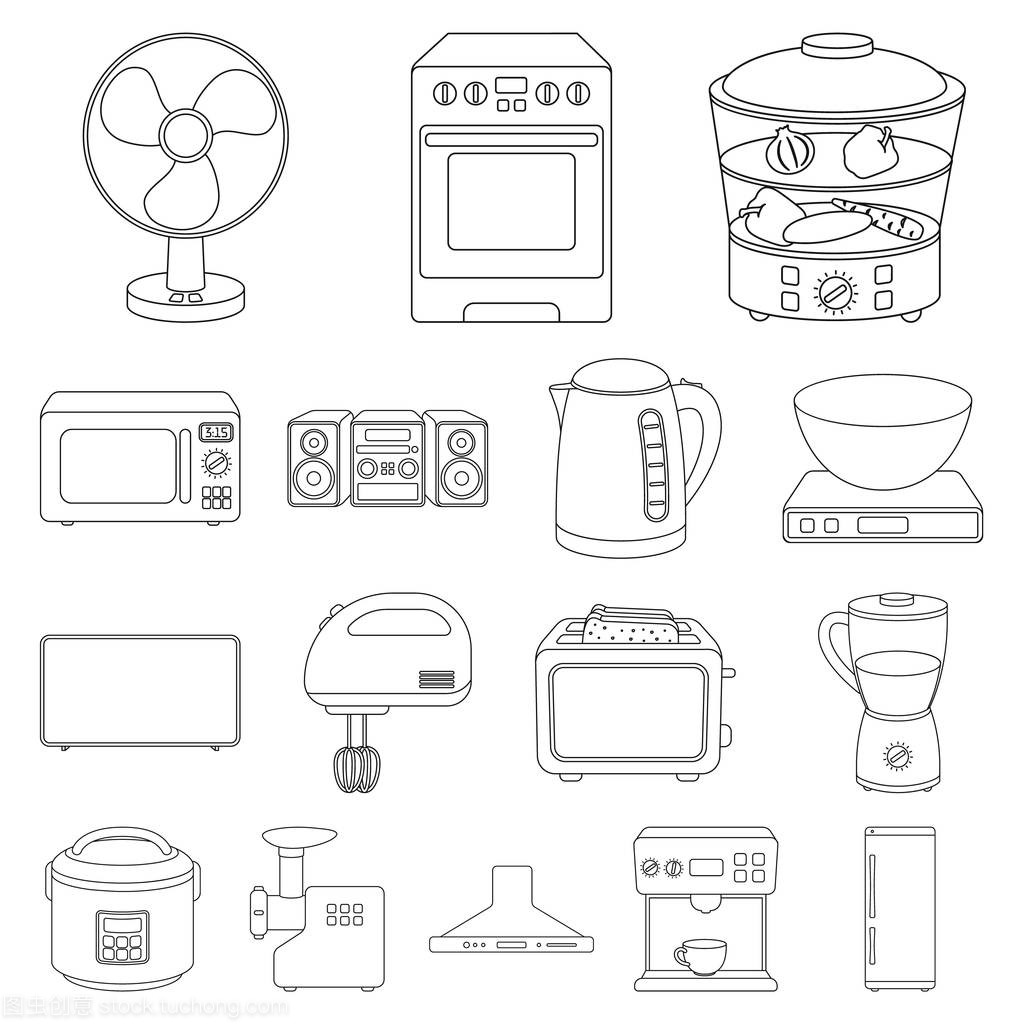 家用電器的類型在設計集集合中的輪廓圖標。廚房設備矢量符號庫存 web 插圖